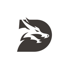 Obraz premium Dragon head silhouette and letter D vector logo icon in black and white color