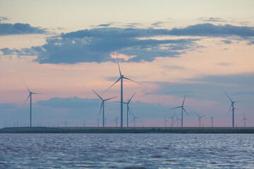 Wind turbines renewable energy source in the lagoon