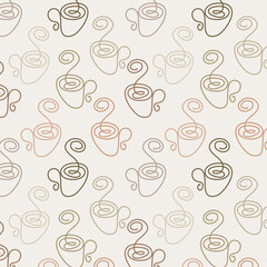 Abstract Seamless pattern of cups in a minimalistic line art style in coffee colors. Repeating texture for design of wrapping paper, napkins, menus, fabrics. Vector graphics. Vector illustration.