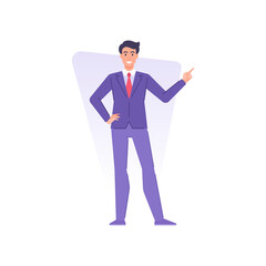 Happy business male in tie suit pointing forefinger with positive emotion vector flat illustration