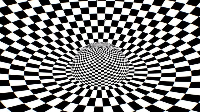 Trippy Checkerboard Black and White Tiles Spherical Optical Illusion - 4K Seamless VJ Loop Motion Background Animation