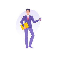 Cheerful office worker business man going to job holding coffee paper cup and documents folder