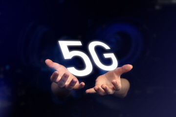 5G network. Concept of future future of wireless systems, high speed mobile internet, global technology. Hands with 5G symbol. Business background