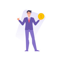 Tiny business man holding golden coin pointing thumbs up enjoying earnings wealth economy profit