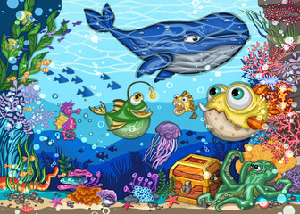 Obraz na płótnie Canvas Underwater world fish, freehand drawing cartoon style