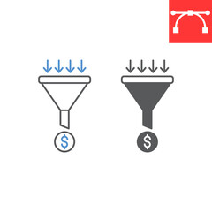 Sales funnel line and glyph icon, dollar sign and money, sales funnel vector icon, vector graphics, editable stroke outline sign, eps 10.