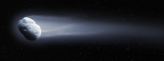 Comet nucleus and a long tail of gas and dust. Surface of a large comet flying against the background of stars in the night sky. - obrazy, fototapety, plakaty