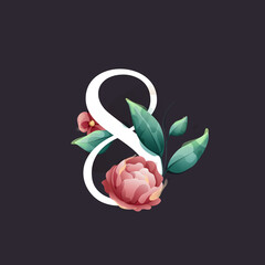 Number eight logo in watercolor style with flowers and leaves. Herbs like peonies, and chamomile, and buds.