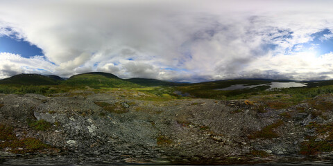 Spherical panorama view from the mountain Vadvevaras Vadvetjakka National Park in Sweden. Equirectangular projection is used