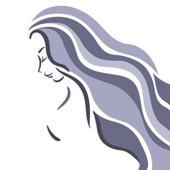 Profile portrait of girl with beautiful violet long wavy hair and closed eyes. Beautiful woman purple element isolated on white background. Female marine image. Vector illustration.