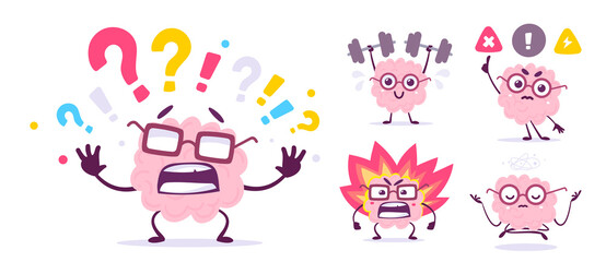 Vector set of creative illustration of happy pink brain in glasses in different pose and emotion. Flat doodle style knowledge concept design of happy and angry brain character lifting weight