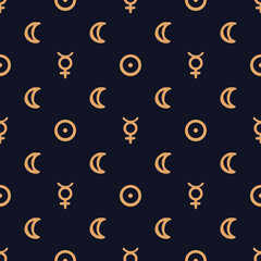 Vector seamless astrological pattern with planets, stars and pattern with alchemy symbols. Abstract occult and mystic signs. Magic print and astrology background. Seamless pattern. 