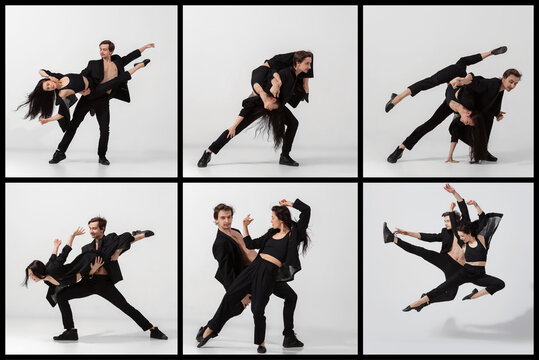 Relationship, drama, love. Collage of portraits of male and female ballet dancers dancing isolated on white background.