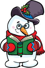 Snowman holds a book in front of him and reads with a smile