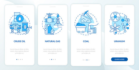 Nonrenewable energy sources onboarding mobile app page screen. Ecology walkthrough 4 steps graphic instructions with linear concepts. UI, UX, GUI template. Myriad Pro-Bold, Regular fonts used