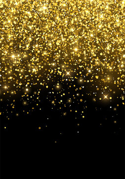 Sparkling scattering of gold glitter on black background. Vector