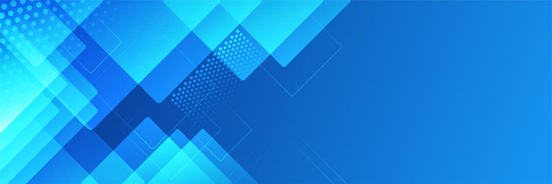 Modern blue technology background banner with square, line, and halftone