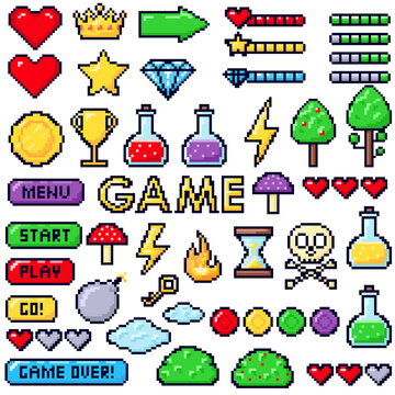 Pixel art 8 bit objects.Game pixel art magic items, digital pixelated lives bar and menu button. Vector isolated symbols set