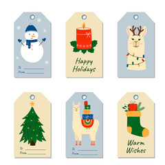 Set of colorful Christmas and holidays gift tags. Labels with cute llama, snowman, Christmas tree. 