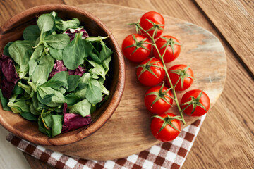 salad plate vegetables fresh ingredients wooden table kitchen