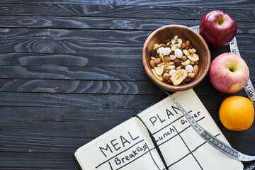 breakfast proper nutrition diet plan lifestyle wooden background