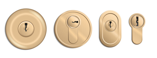 Gold keyholes 3d templates. Metal key holes for door locks, padlocks and lockers. Detailed mockup set
