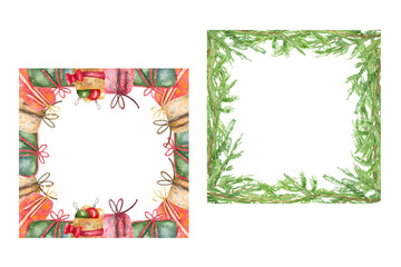 Watercolor square frames with fir tree branches and gift boxes. Hand painted illustration on white. Great for greeting cards,  invitation, blog decoration.