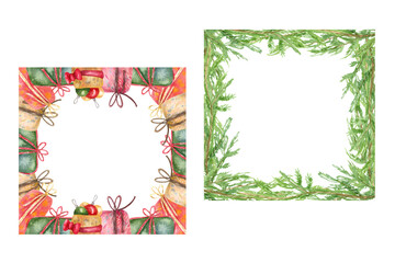 Obraz premium Watercolor square frames with fir tree branches and gift boxes. Hand painted illustration on white. Great for greeting cards, invitation, blog decoration.