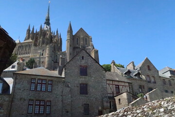 Mont saint michel architecture panoramic beautiful postcard view at Dusk in Summer Low Tide, France