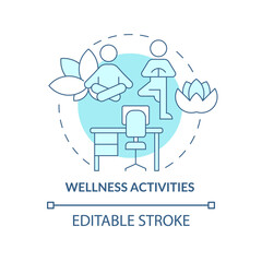 Obraz na płótnie Canvas Wellbeing activities concept icon. Meditation and de-stress. Yoga exercises abstract idea thin line illustration. Isolated outline drawing. Editable stroke. Roboto-Medium, Myriad Pro-Bold fonts used
