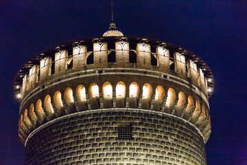 Tower of Sforza castle by night,Milan,Italy