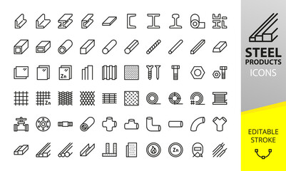 Metal and Stainless Steel products isolated icons set. Set of long products, hot rolled steel, metal beams, rods, armature, pipes, pipe flange, wire coil, rabitz mesh roll vector icons.  - obrazy, fototapety, plakaty