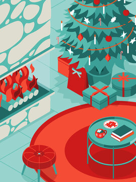 Colorful isometric Christmas illustration showing an interior with furniture, fireplace and Christmas decorations. Vector illustration in flat design. Holiday season picture in red, blue and white. 
