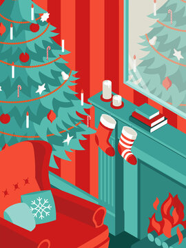 Colorful isometric Christmas illustration showing an interior with furniture, fireplace and Christmas decorations. Vector illustration in flat design. Holiday season picture in red, blue and white. 