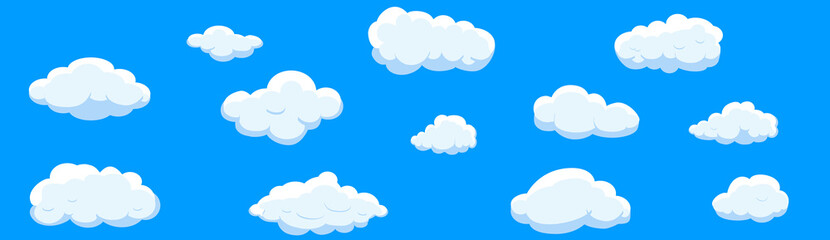 Clouds set isolated on blue background. Collection of clouds for web site, poster, placard and wallpaper. Creative modern concept. Clouds vector illustration