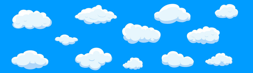 Clouds set isolated on blue background. Collection of clouds for web site, poster, placard and wallpaper. Creative modern concept. Clouds vector illustration