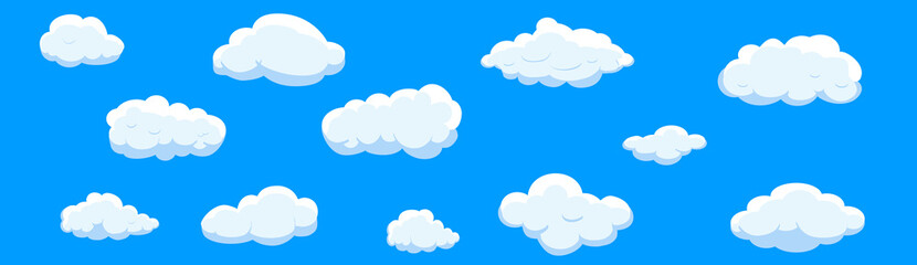 Clouds set isolated on blue background. Collection of clouds for web site, poster, placard and wallpaper. Creative modern concept. Clouds vector illustration