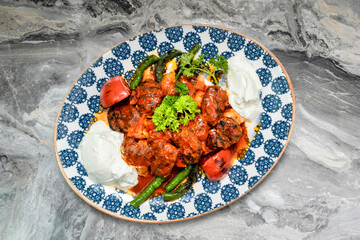 grilled beef meatballs with tomato sauce background