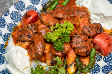 grilled beef meatballs with tomato sauce background