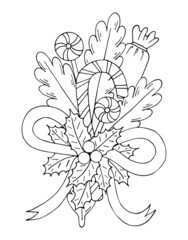 Winter coloring page with Christmas gift, fir branch with sweets, lollipop cane, bow ribbon and holly with berries. Hand drawn vector thin line art illustration. Coloring book for children and adults.