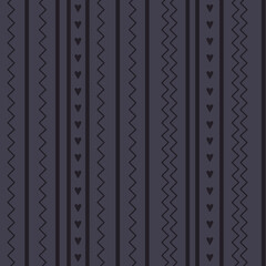 Vertical lines, hearts and zigzags. Seamless simple pattern. Geometric pattern on a gray background.