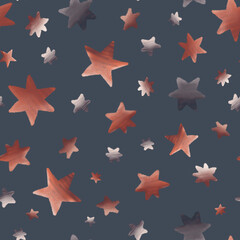 Fototapeta na wymiar Textured orange-gray stars. Seamless pattern with geometric shapes on a blue background. Starry sky.