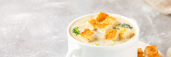 Broccoli cheese cream soup. Banner. Copy space