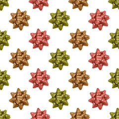 Decorative bows isolated on white. Christmas seamless pattern background. Winter holiday ornaments, festive decoration, print for wrapping paper.