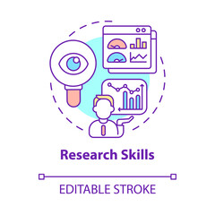 Research skills concept icon. Business analyzing process. Marketing strategy of company development abstract idea thin line illustration. Vector isolated outline color drawing. Editable stroke