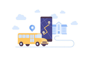 Naklejka premium Education concept. Vector flat illustration. School bus track system. Yellow schoolbus and smartphone with city map on screen. Design transportation security of children.