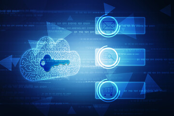 Fototapeta premium 2d illustration of Cloud computing, Digital Cloud computing Concept background. Cyber technology, internet data storage, database and data server concept