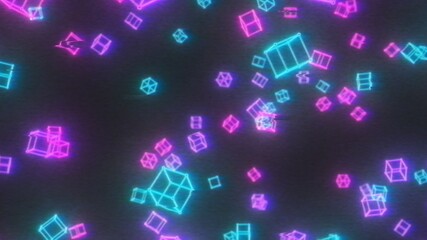 Retro 80s Glitchy Neon Wireframe 3D Cubes Flying in Cyberpunk Future - Abstract Background Texture