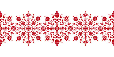 Scandinavian folk art christmas stamp pattern border seamless vector. Ethnic Nordic style flowers ornament decoration. Finnish, Swedish, Dannish and Norwegian style holiday design. - 473783319