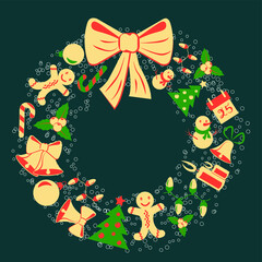 Fototapeta premium Christmas wreath made of festive elements on a solid background vector